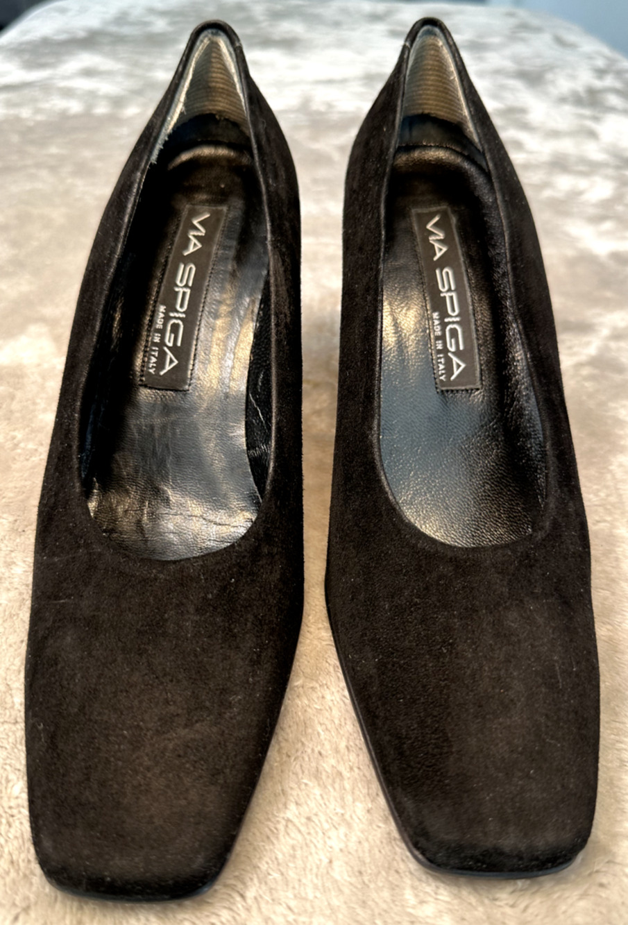Via Spiga Black Suede Square Toe Block Heels Pumps Womens Size 6.5